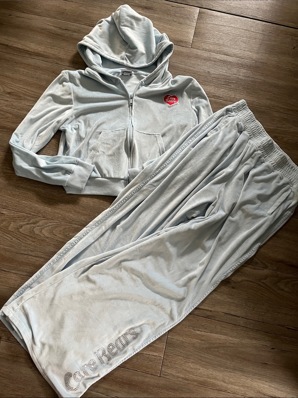 Light Blue Velour Care Bears Zip Hoodie & Joggers Set with Heart Patch
